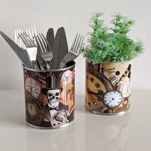 Steampunk Gothic Halloween decor Vintage tin cans wedding centerpieces, storage, cutlery holders, cafes, shop, bars restaurants, gifts. S Design Large