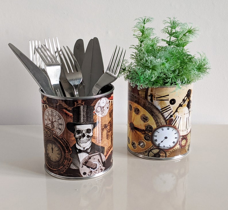 Steampunk Gothic Halloween decor Vintage tin cans wedding centerpieces, storage, cutlery holders, cafes, shop, bars restaurants, gifts. S Design Large