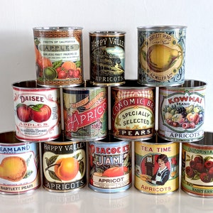 Vintage retro food tin cans large size. Storage for home, cutlery holder cafes shop, restaurant display. Props replica labels recycled green image 10