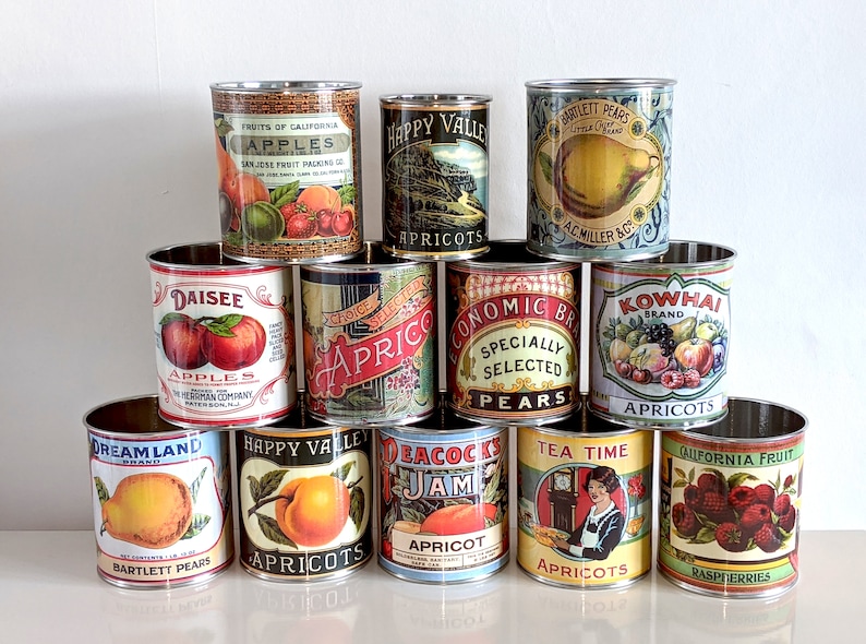 Vintage retro food tin cans large size. Storage for home, cutlery holder cafes shop, restaurant display. Props replica labels recycled green image 10