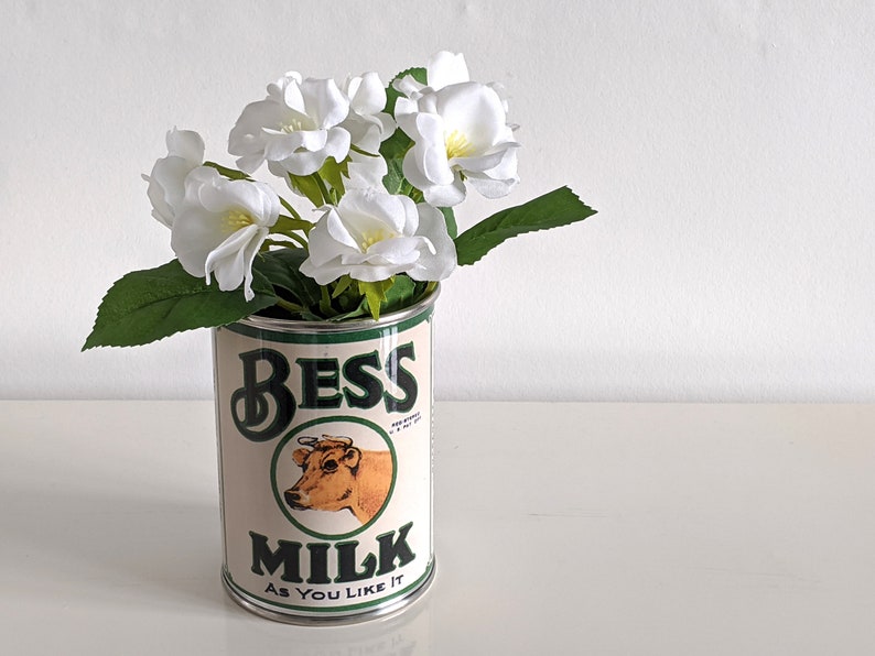 wedding vintage replica food tin cans storage props table center pieces decoration holders for flowers, cutlery, napkins holder plant pots Bess Milk