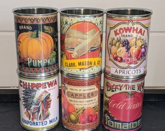 Reduced 6 or 4 New Vintage food tin cans label storage for home, cutlery holder cafes, shop & restaurant display Props replica gifts her him