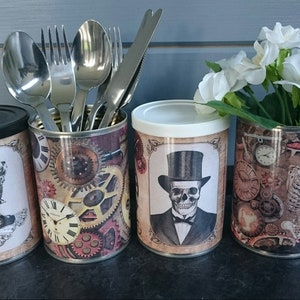 Steampunk Gothic Halloween decor Vintage tin cans wedding centerpieces, storage, cutlery holders, cafes, shop, bars restaurants, gifts. image 1