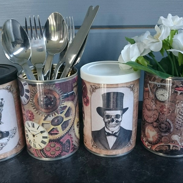 Steampunk Gothic Halloween decor Vintage tin cans wedding centerpieces, storage, cutlery holders, cafes, shop, bars restaurants, gifts.