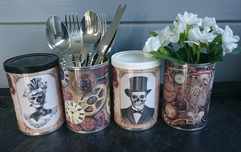 Steampunk Gothic Halloween decor Vintage tin cans wedding centerpieces, storage, cutlery holders, cafes, shop, bars restaurants, gifts. image 1