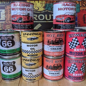 vintage classic motor oil cans storage garage reproduction display props gas station option of lids gifts for him man cave green gift image 9