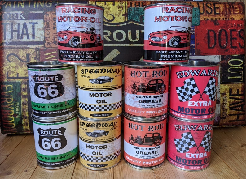 vintage classic motor oil cans storage garage reproduction display props gas station option of lids gifts for him man cave green gift image 9