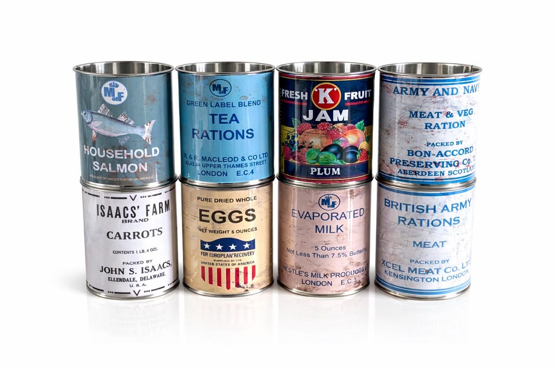 Old Ration Cans 8 1940's Ration WWII Reproduction Food Tin Cans. WW2 Props Plant Pot ...