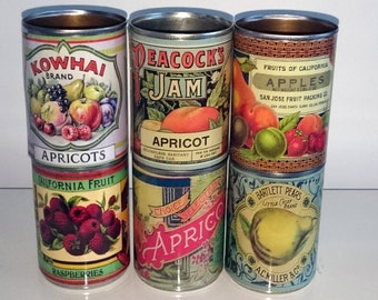 Reduced 6 Vintage food tin cans label storage for home, cutlery holder, cafes, shop & restaurant display. Props replica gifts for her him