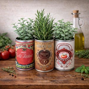 Może przedstawiać: Trzy puszki po konserwach używane jako doniczki, każda z inną etykietą w stylu vintage. Na jednej widnieje napis "Defy the World Choice Cold Packed Tomatoes", na innej "Heave Oil Napoleon Ltd", a na trzeciej "Tomato Paste Mamma Mia Premium Quality". Każda puszka zawiera inną zioło.