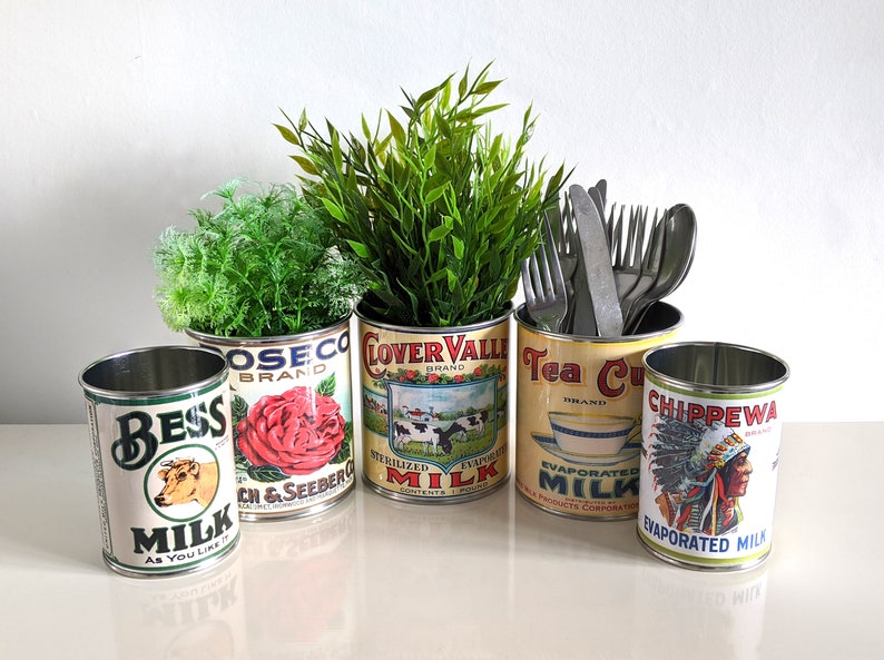 Vintage retro food tin cans large size. Storage for home, cutlery holder cafes shop, restaurant display. Props replica labels recycled green image 6