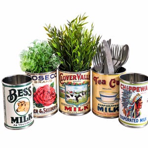 Latas de alimentos vintage retrô, tamanho grande. Ideais para armazenamento doméstico, porta-talheres, cafés, lojas e restaurantes. Réplicas de rótulos reciclados na cor verde.