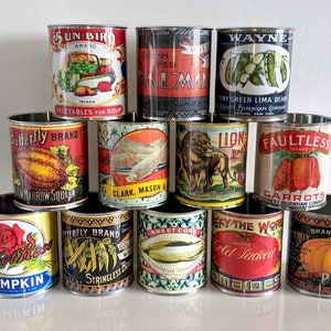 Vintage retro food tin cans large size. Storage for home, cutlery holder cafes shop, restaurant display. Props replica labels recycled green image 9