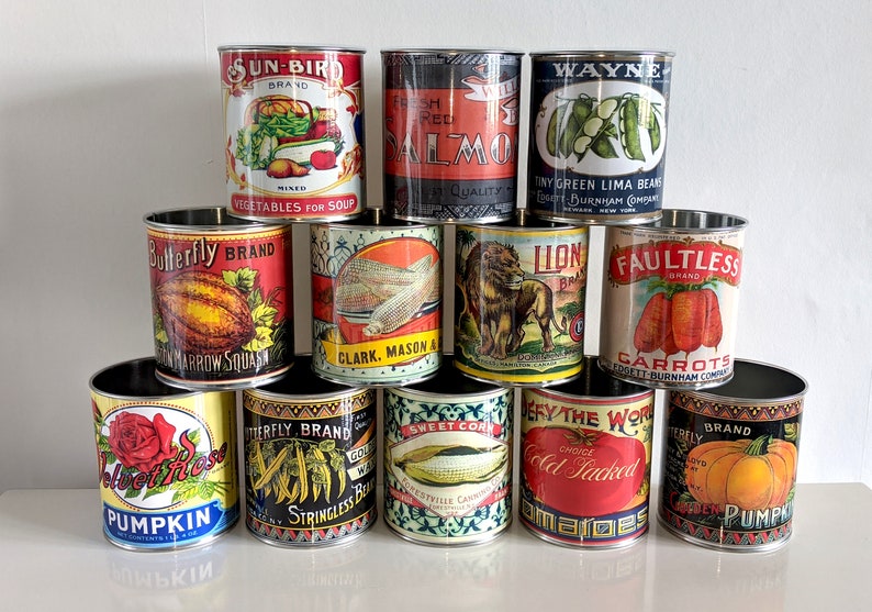 Vintage retro food tin cans large size. Storage for home, cutlery holder cafes shop, restaurant display. Props replica labels recycled green image 9