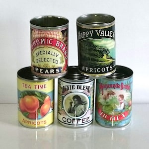 Vintage replica  tin cans label storage home, cutlery holder, cafes, shop & restaurant display. Props for display vintage kitchens plant pot