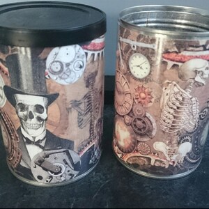 Steampunk Gothic Halloween decor Vintage tin cans wedding centerpieces, storage, cutlery holders, cafes, shop, bars restaurants, gifts. Steampunk design