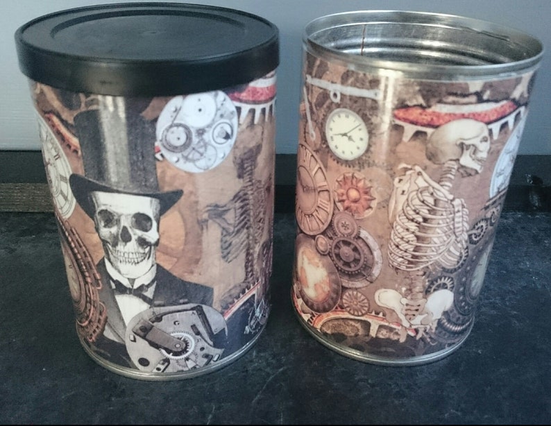 Steampunk Gothic Halloween decor Vintage tin cans wedding centerpieces, storage, cutlery holders, cafes, shop, bars restaurants, gifts. Steampunk design