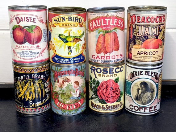 Reduced 8 Vintage Food Tin Cans Labels Storage for Home Cutlery