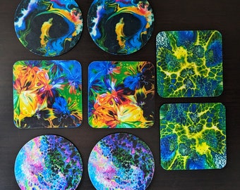 Set of 2 coasters handmade art funky drink table mats for mugs cups and glasses corked back gift