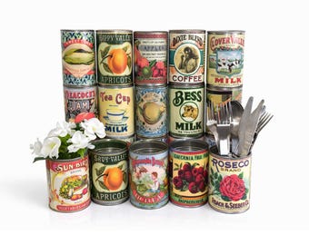 20 Vintage replica retro food tin cans for cutlery holders, decor or flower pots