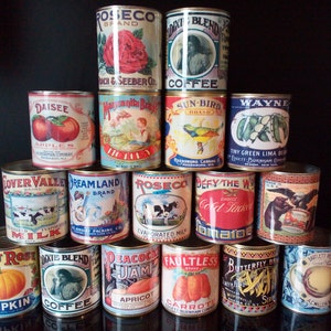 Vintage retro food tin cans large size. Storage for home, cutlery holder cafes shop, restaurant display. Props replica labels recycled green image 2