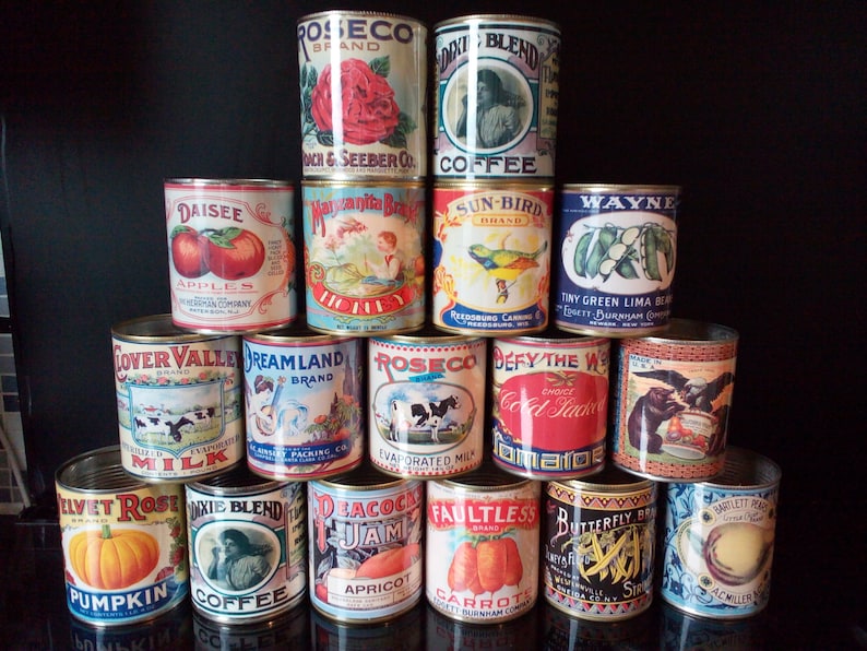 Vintage retro food tin cans large size. Storage for home, cutlery holder cafes shop, restaurant display. Props replica labels recycled green image 2