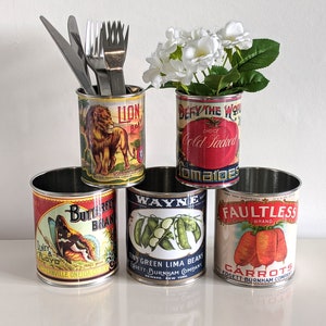 Vintage retro food tin cans large size. Storage for home, cutlery holder cafes shop, restaurant display. Props replica labels recycled green Waynes Green Beans