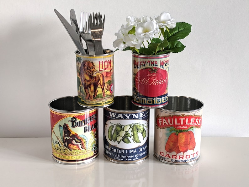 Vintage retro food tin cans large size. Storage for home, cutlery holder cafes shop, restaurant display. Props replica labels recycled green Waynes Green Beans