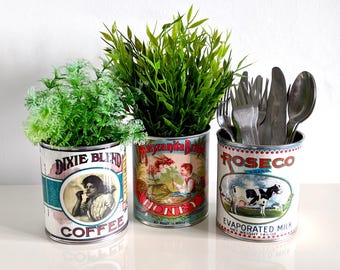 Gift retro food tin cans. Storage for home, flowers plant pots cutlery holder cafes , restaurant display. Props replica