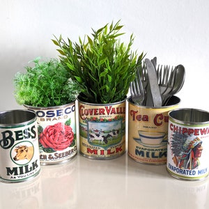 Puede incluir: Cinco latas de metal de estilo vintage con diferentes etiquetas, utilizadas como contenedores para plantas y utensilios. Las latas están etiquetadas con las palabras "Bess Milk", "Rose Co Brand", "Clover Valle Brand", "Tea Cup Brand" y "Chippewa Brand".