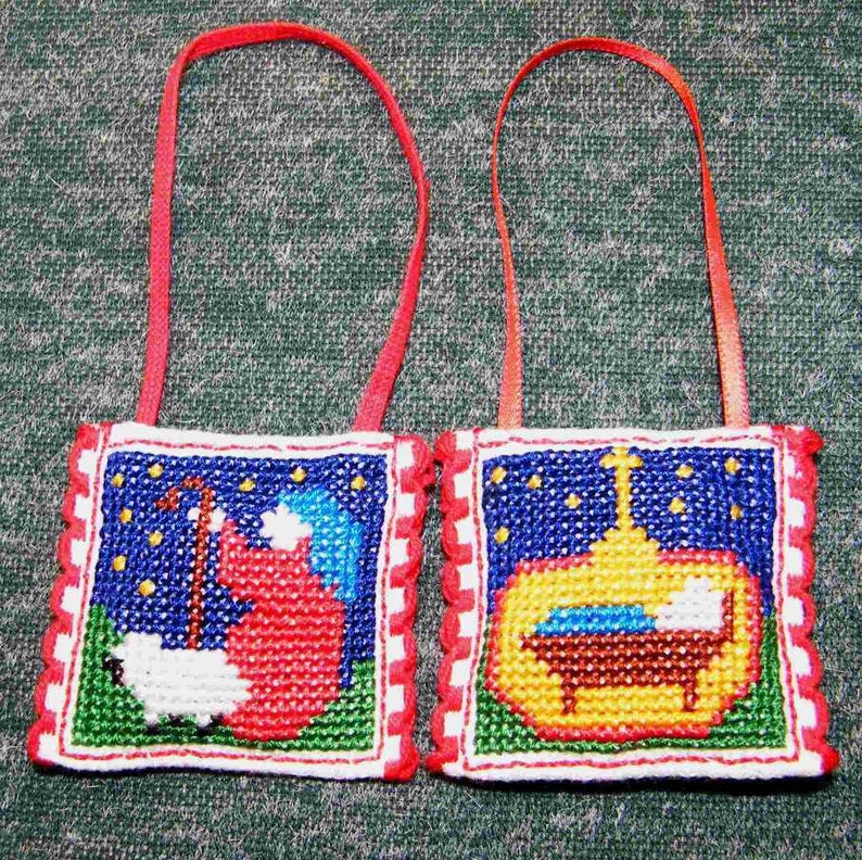Shepherd and Manger Kit for 2 Xmas Decorations in Counted Cross Stitch with sachet of pot pourri Lovely kit to stitch or give as a gift.