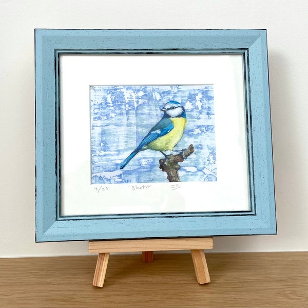 Pretty Blue Tit bird print, in mount and solid wood, blue frame.