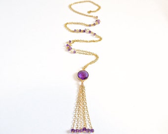 Tassel necklace amethyst necklace gold tassel necklace purple gemstone necklace, wedding necklace wedding jewelry