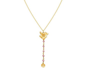 Gold necklace flowers necklace pink chalcedony beads, gold flower necklace with zirconium, Flower jewelry, delicate necklace