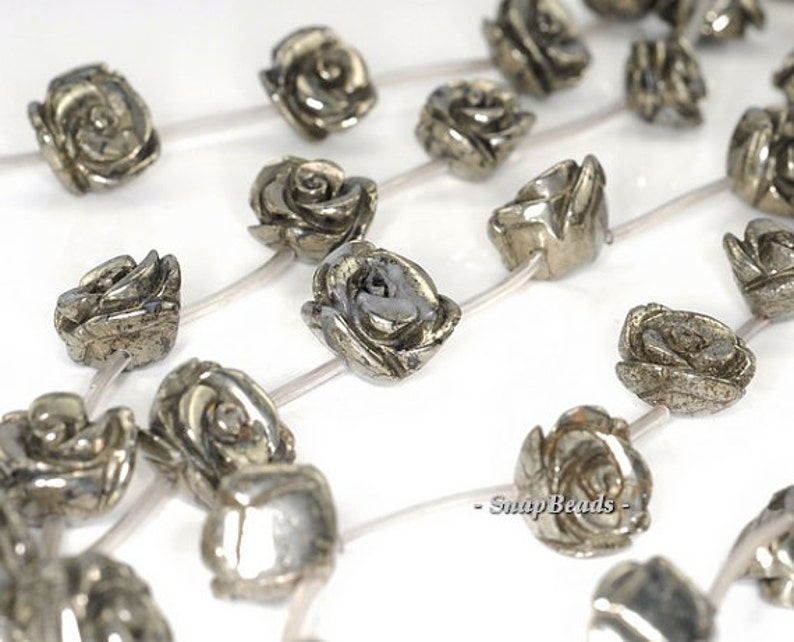 14mm Palazzo Iron Pyrite Gemstone Carved Rose Flower Flora Loose Beads 16 inch Full Strand LOT 1,2,6,12 and 20 90147615-124