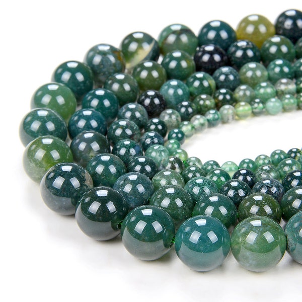 Genuine Green Moss Agate Gemstone Round 4mm 6mm 8mm 10mm Grade AA Loose Beads 15 inch Full Strand