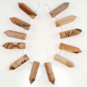 31x8mm Picture Jasper Gemstone Point Healing Chakra Hexagonal Point Focal Bead Full Strand 12 Beads (90183778A-368)