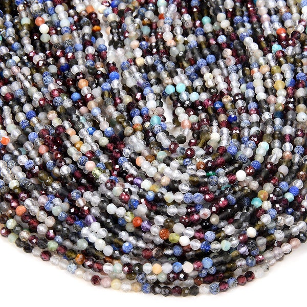 2MM Natural Multi Color Galaxy Mix Stones Gemstone Micro Faceted Round Beads 15 inch Full Strand BULK LOT (80009394-P30)