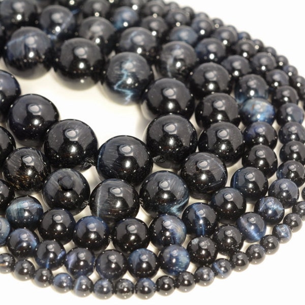 Blue Tiger Eye Gemstone Hawk Eye Black Grade AA 4mm 6mm 8mm 10mm 12mm Round Loose Beads 15.5 inch Full Strand LOT 1,2,6,12 and 50