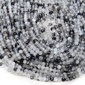 4MM Natural Black Rutilated Quartz Gemstone Grade AAA Micro Faceted Round Beads 15 inch Full Strand BULK LOT 1,2,6,12 and 50 (80009428-P32)