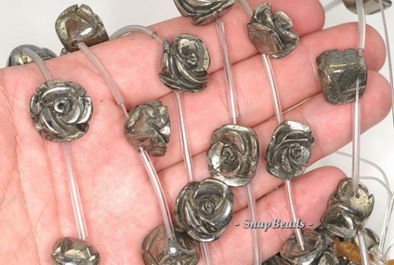 14mm Palazzo Iron Pyrite Gemstone Carved Rose Flower Flora Loose Beads 16 inch Full Strand LOT 1,2,6,12 and 20 90147615-124
