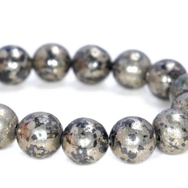 Rare Pyrite in Magnetite Gemstone Silver Black 6mm 8mm 10mm Round Loose Beads 15.5 inch Full Strand BULK LOT 1,2,6,12 and 50 (416)