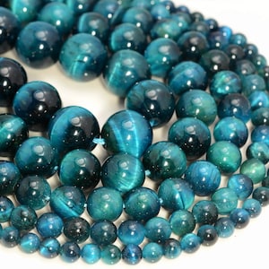Blue Green Tiger Eye Gemstone Hawk Eye Grade AAA 4mm 6mm 8mm 10mm 12mm Round Loose Beads 15 inch Full Strand LOT 1,2,6,12 and 50