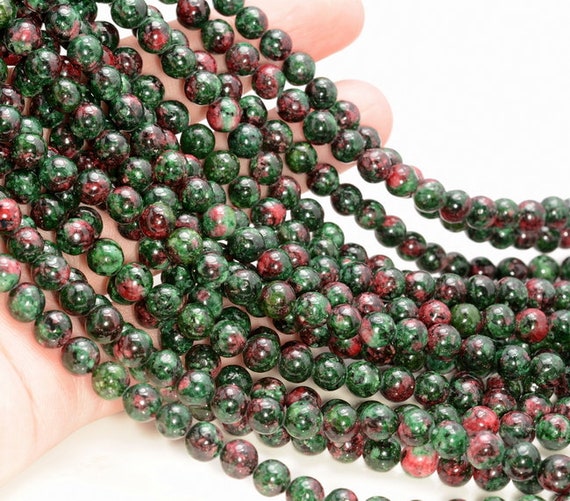 10MM SESAME JASPER GEMSTONE RUBY ZOISITE GREEN RED ROUND LOOSE BEADS 15.5/"