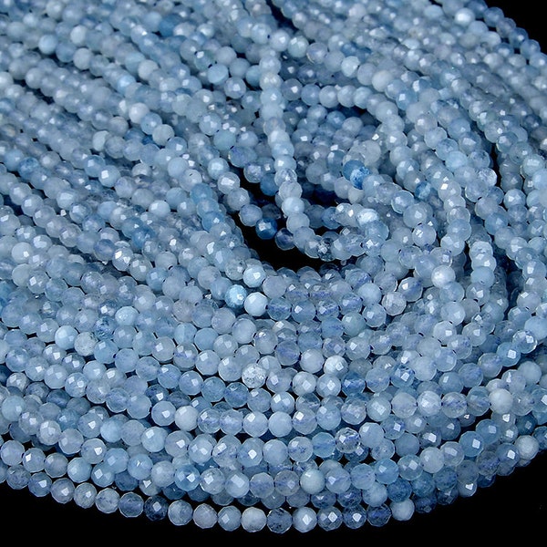 2MM Natural Aquamarine Gemstone Grade AAA Micro Faceted Round Beads 15.5 inch Full Strand BULK LOT 1,2,6,12 and 50 (80008842-P11)