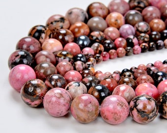 Genuine Natural Haitian Flower Rhodonite Gemstone Grade Aa Round 4mm 6mm 8mm 10mm Loose Beads 15 inch Full Strand BULK LOT 1,2,6,12 and 50