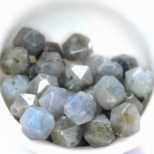 May include: A bowl of faceted, gray and blue labradorite gemstone beads. The beads are all roughly the same size and shape, and they have a slightly iridescent sheen.