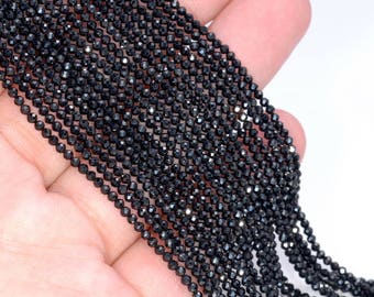 2MM Genuine Black Spinel Gemstone Micro Faceted Round Beads 15.5 inch BULK LOT 1,2,6,12 and 50 (80004732-107)