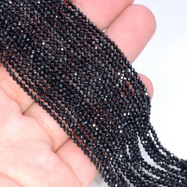 2MM Genuine Black Spinel Gemstone Micro Faceted Round Beads 15.5 inch BULK LOT 1,2,6,12 and 50 (80004732-107)