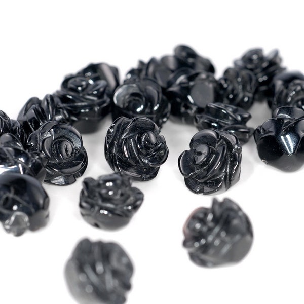 10MM Black Agate Gemstone Carved Flower Beads  BULK LOT 5,10,20,30,50 (90187265-002)